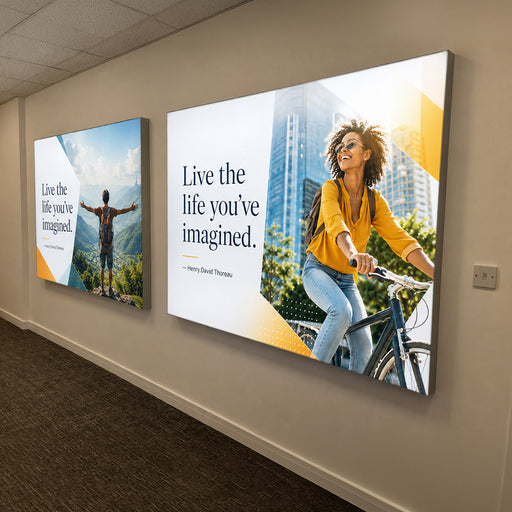 Wall mounted LED lightbox display with backlit fabric graphic